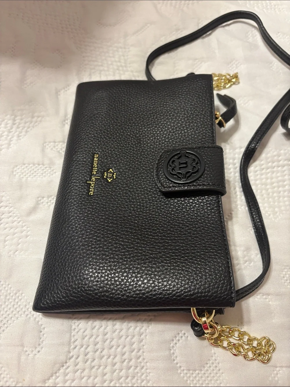 Nanette Lepore Black Pebbled Leather Crossbody with Gold Hardware